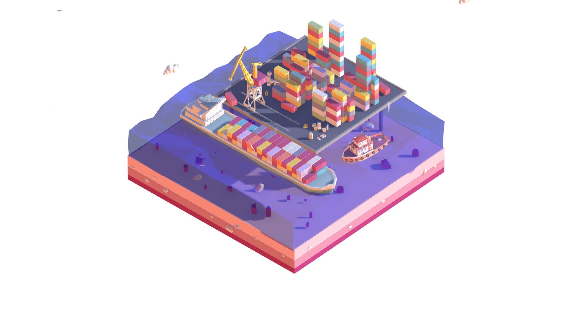 Cartoon Low Poly Lowpoly Seaport Illustration 3d model