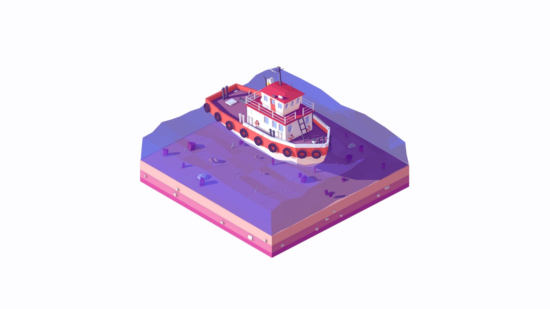 Cartoon Lowpoly Tugboat Illustration 3d model