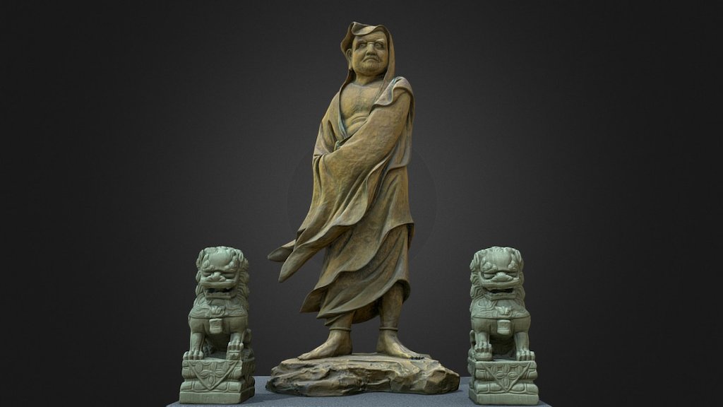 Daruma (Bodhidharma) with two guardian lions 3d model