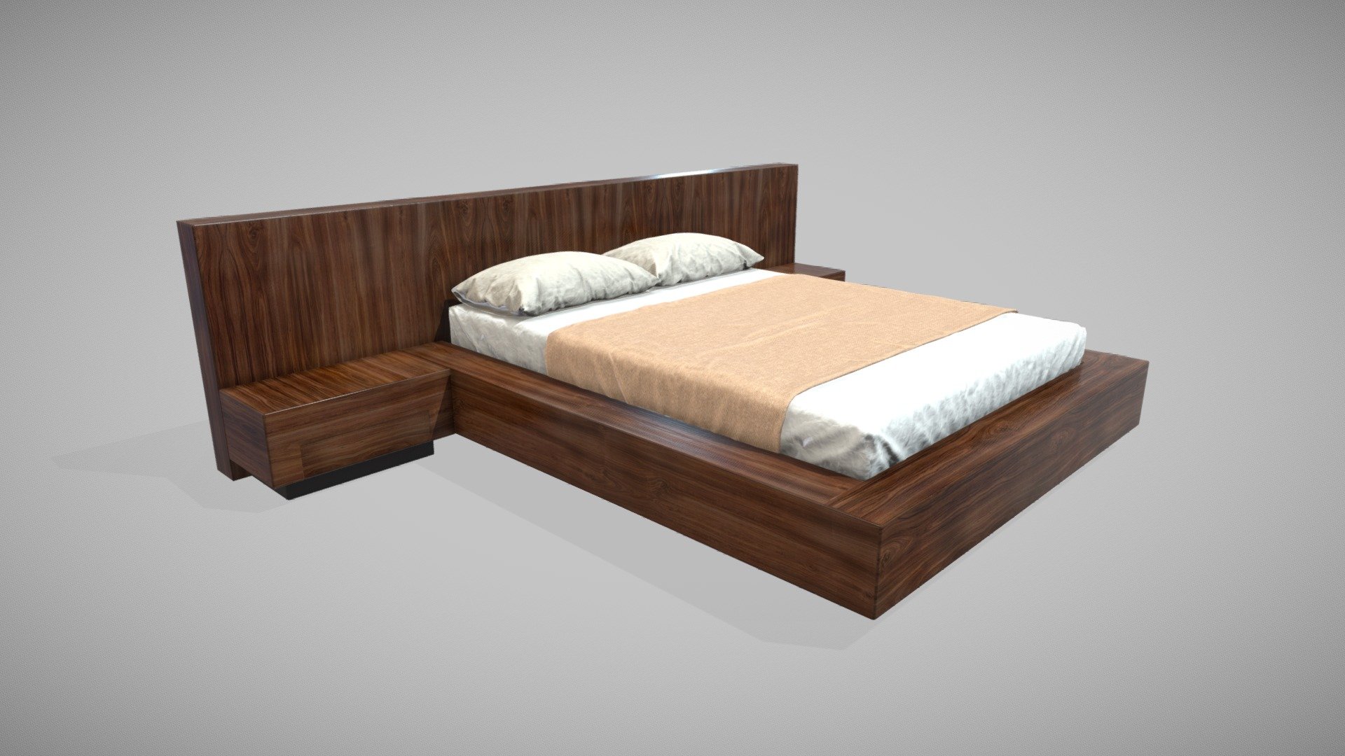 Bed with Wooden Headboard Low Poly 3d model