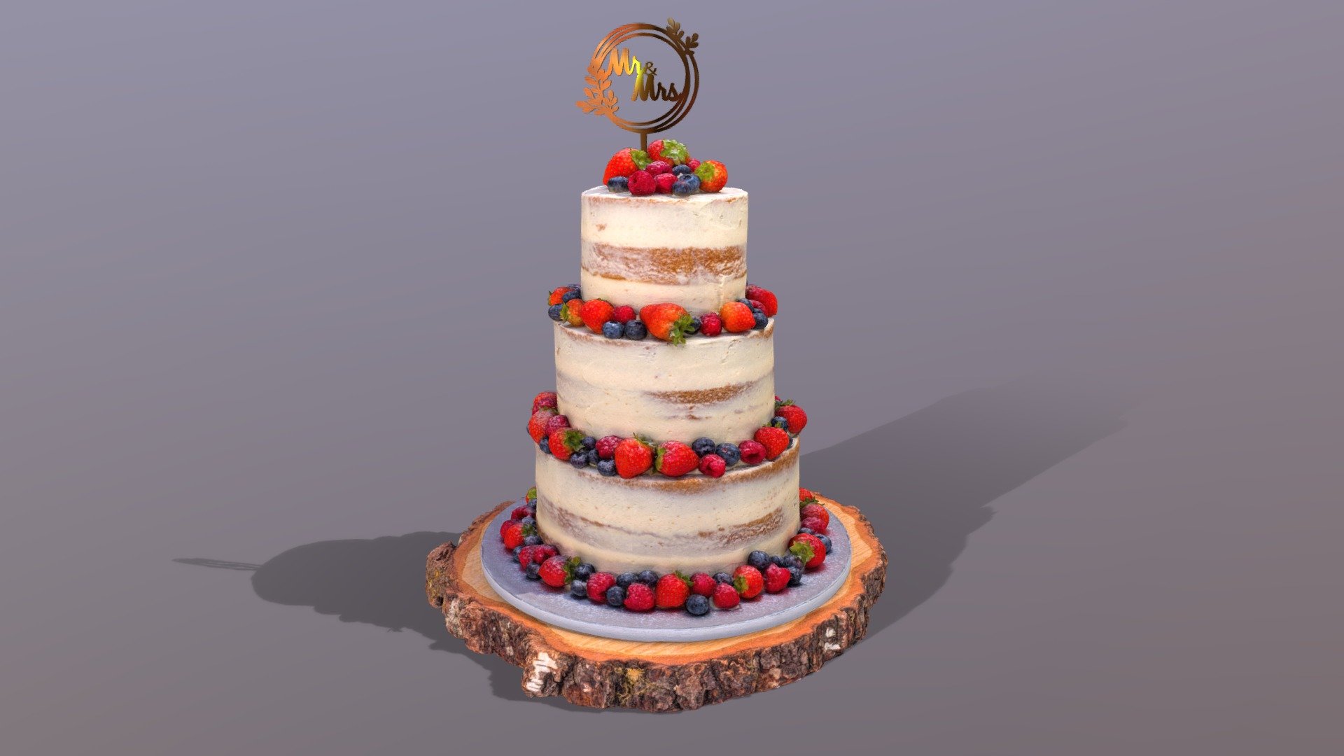 Semi Naked Berry Wedding Cake on Wooden Slice 3d model