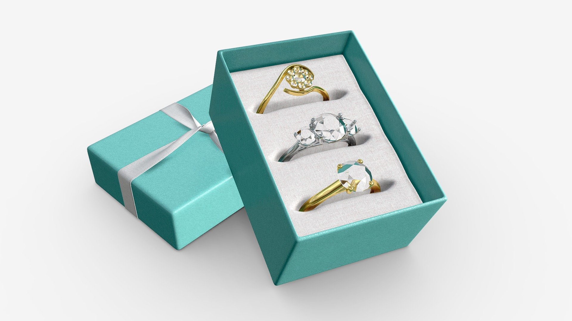 Jewelry Box with Rings and Ribbon open 3d model