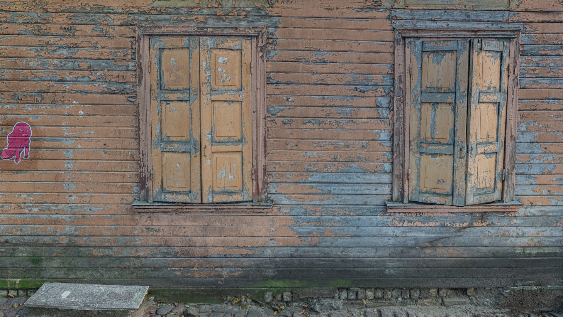 Wooden Wall With Wooden Windows 3d model