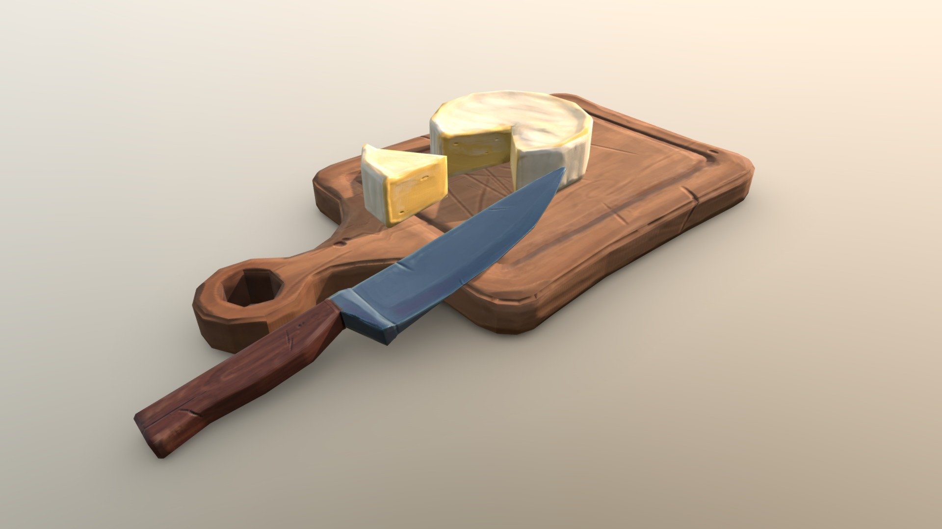 Handpainted Brie, Chopping Board, and Knife 3d model