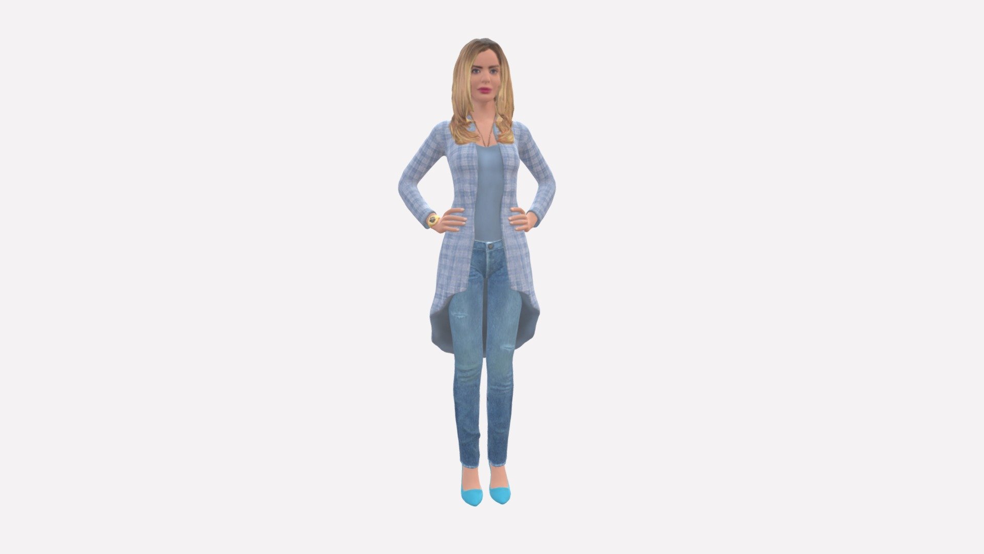 Woman In Jeans Blue Plaid Coat 0536 3d model