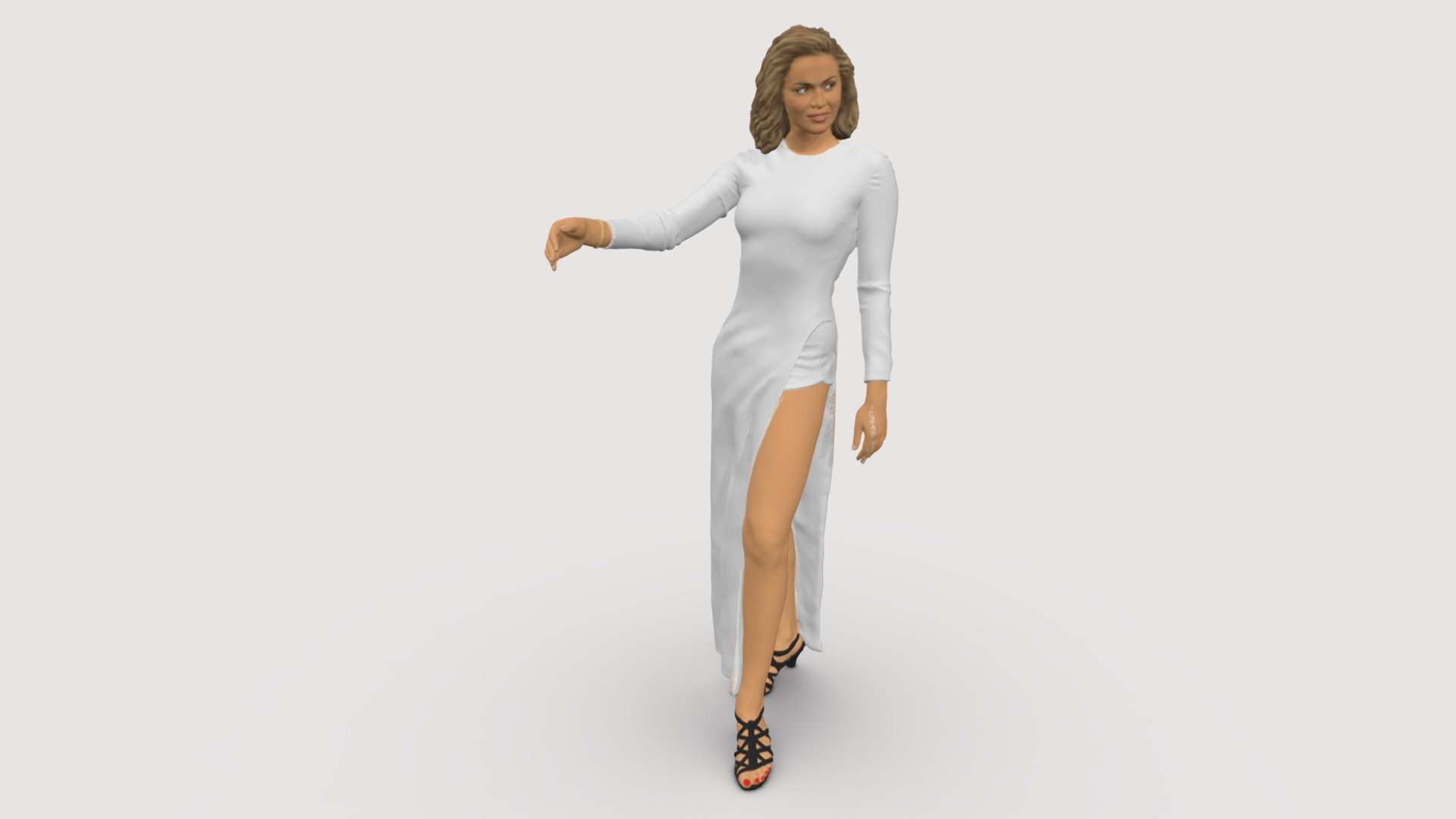 Blonde Woman In White Long Dress 0951 3d model