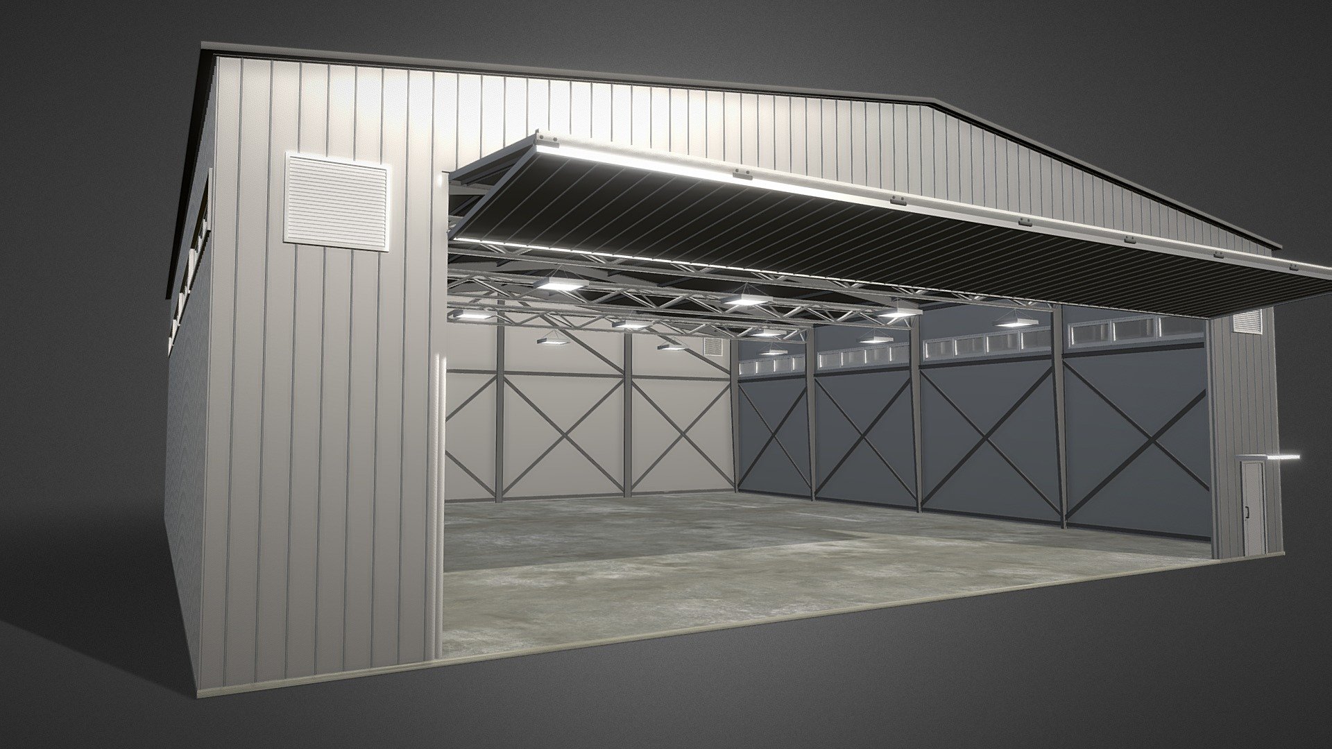 Animated Hangar for military with sliding gates 3d model