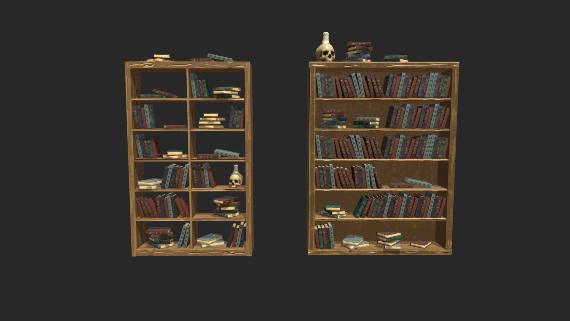 Stylized alchemist shelves with books and skull 3d model