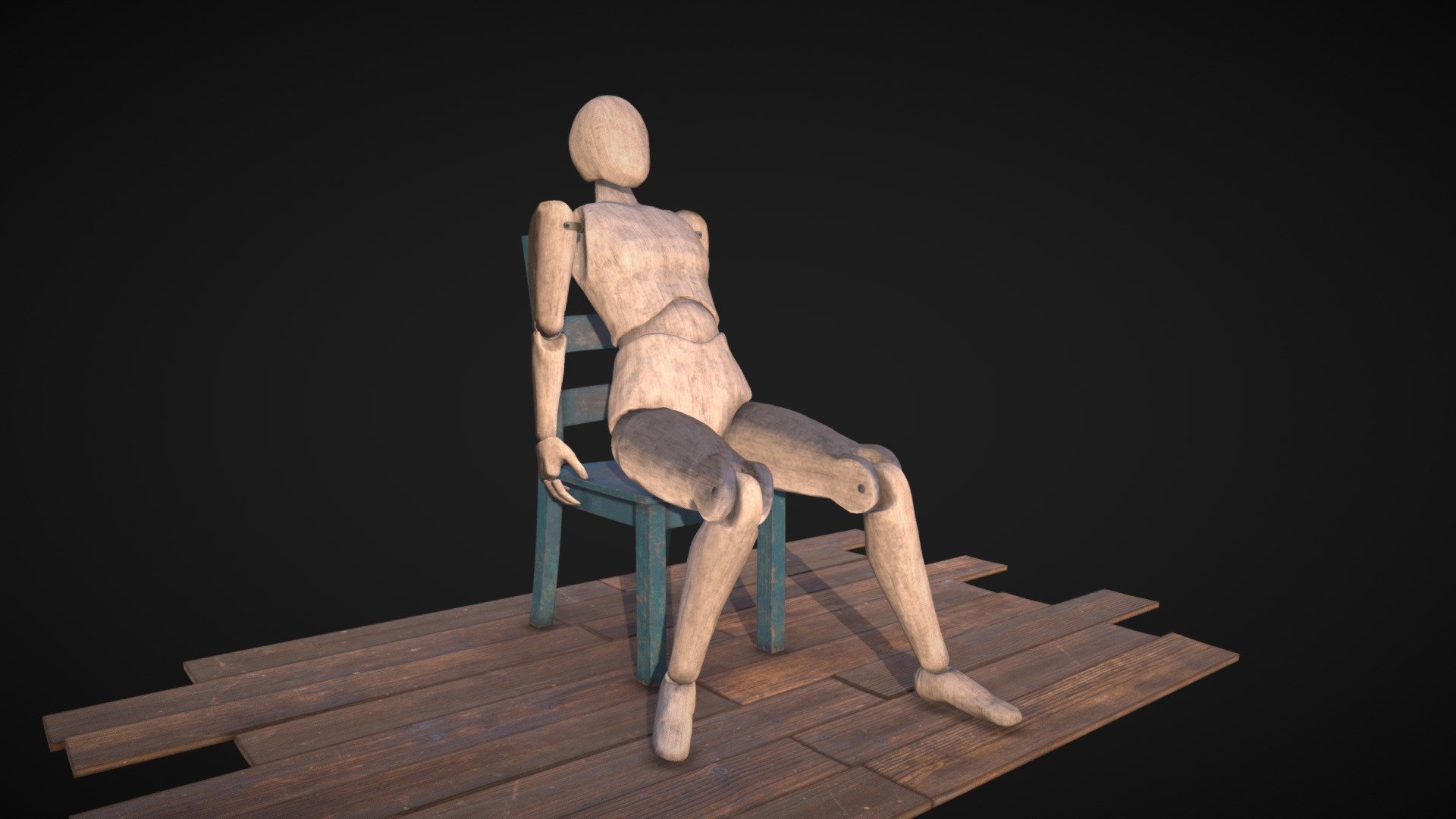 Wooden Mannequin on chair 3d model