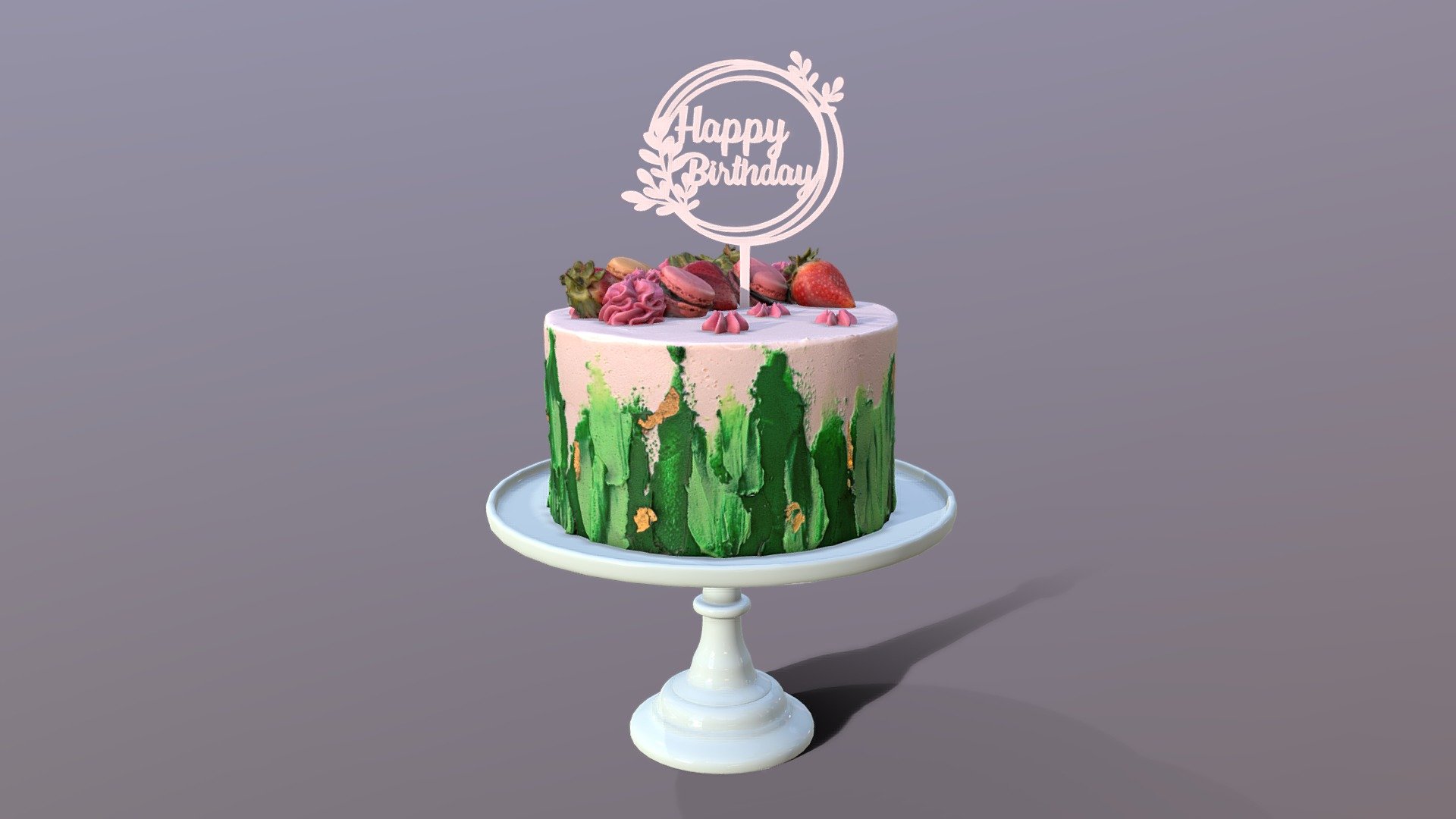 Elegant Jade Strawberry Swirl Birthday Cake 3d model