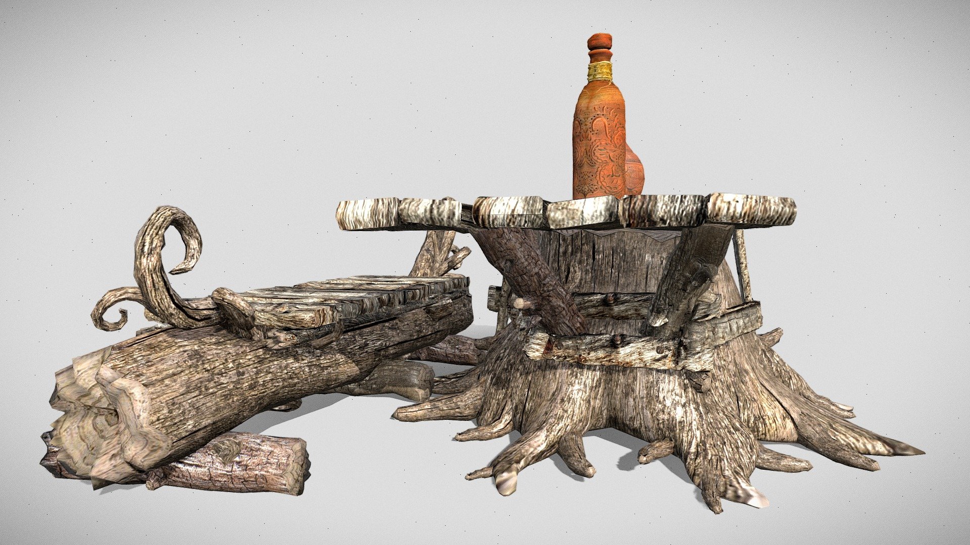 Stump table and seating log with bottles 3d model