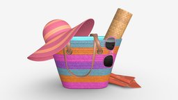 Color striped beach bag with straw hat