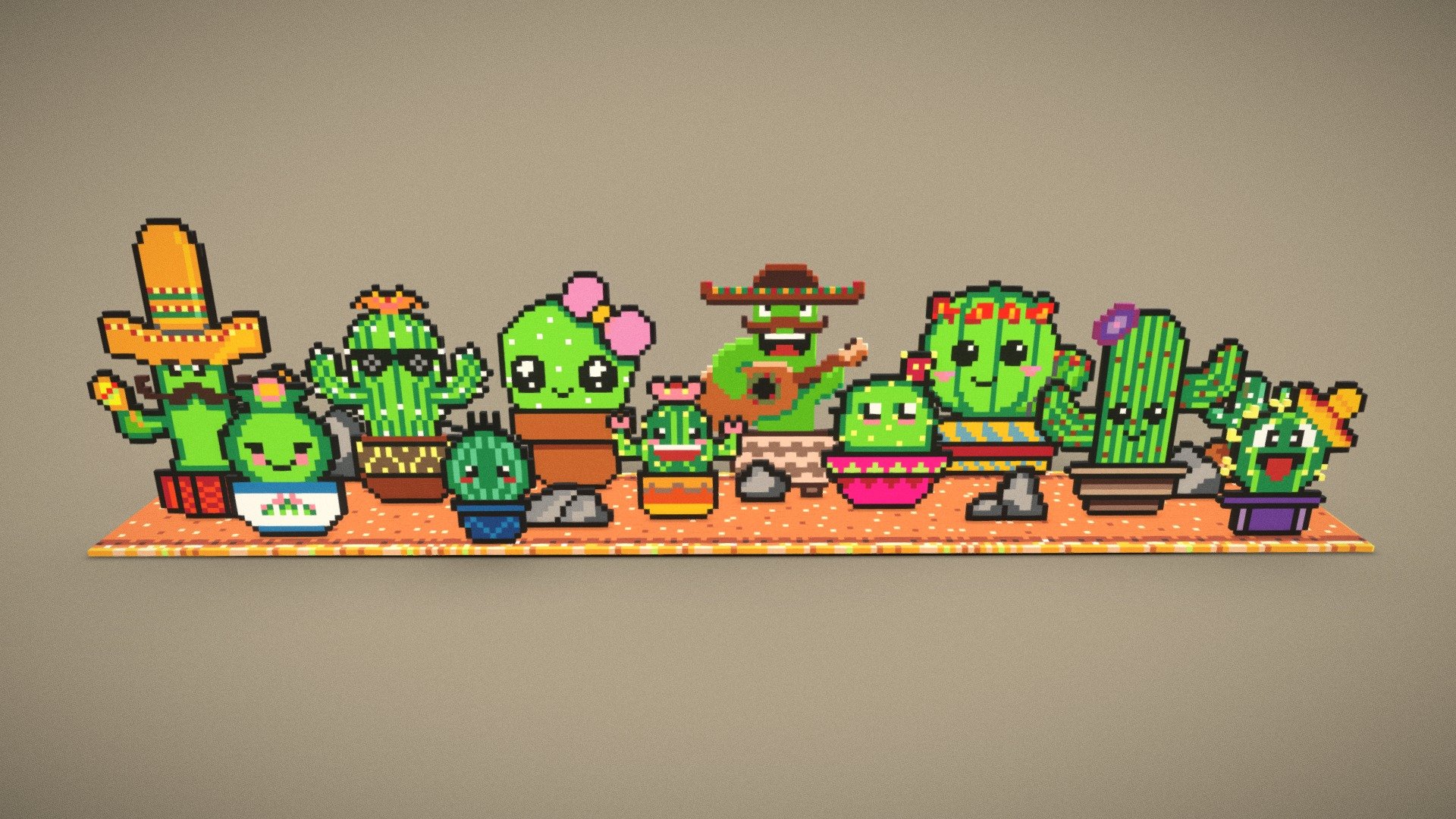 Cactus Family Kawaii Pixel / Voxel 3d model