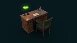 Old table, chair, lamp