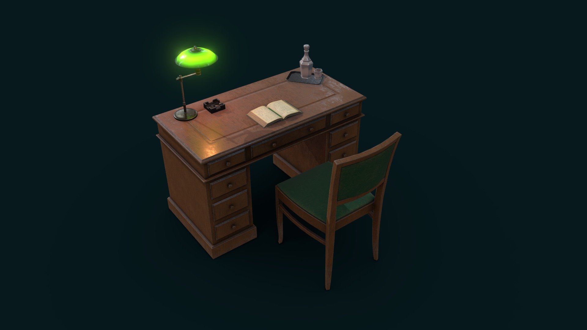 Old table, chair, lamp 3d model