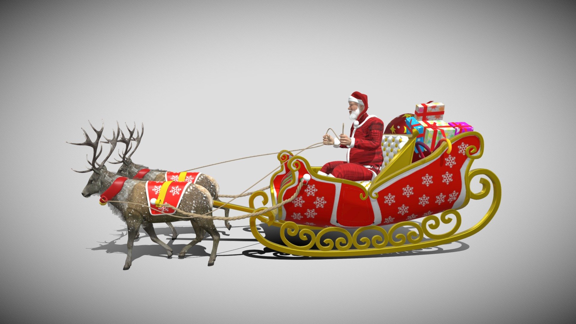 Santa Claus rides reindeer sleigh 3d model