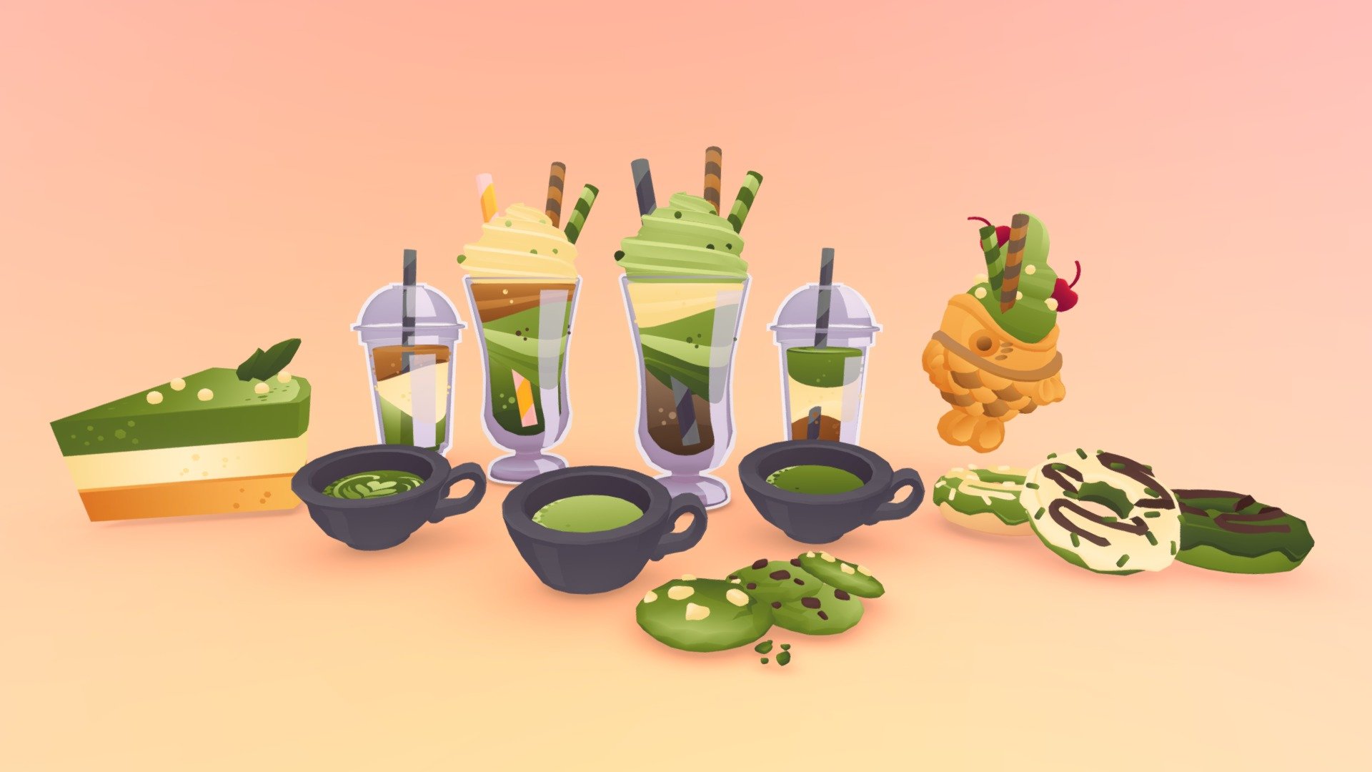 Stylized Coffee Matcha Set 3d model