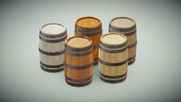 Wooden Barrels With 5 Stylized Wood Textures