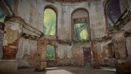 Old ruined oval room in baroque palace