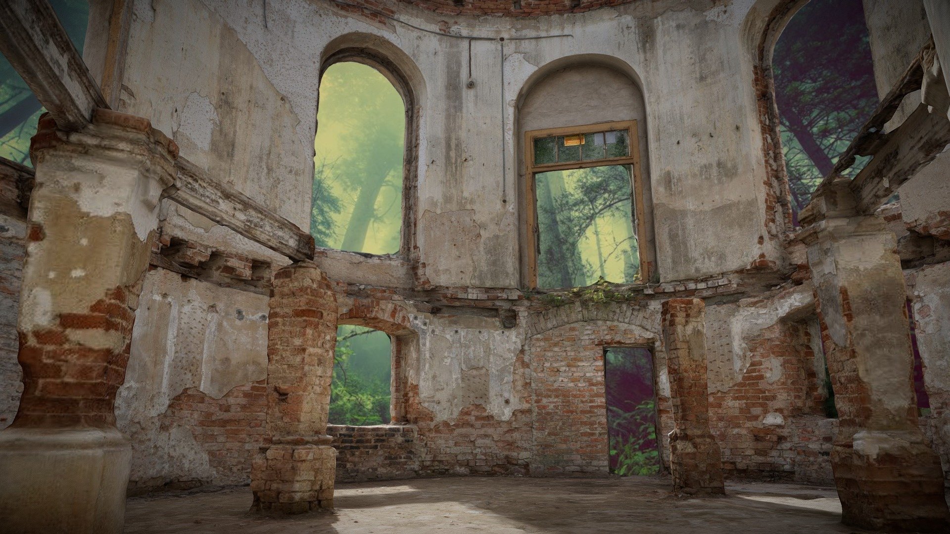 Old ruined oval room in baroque palace 3d model