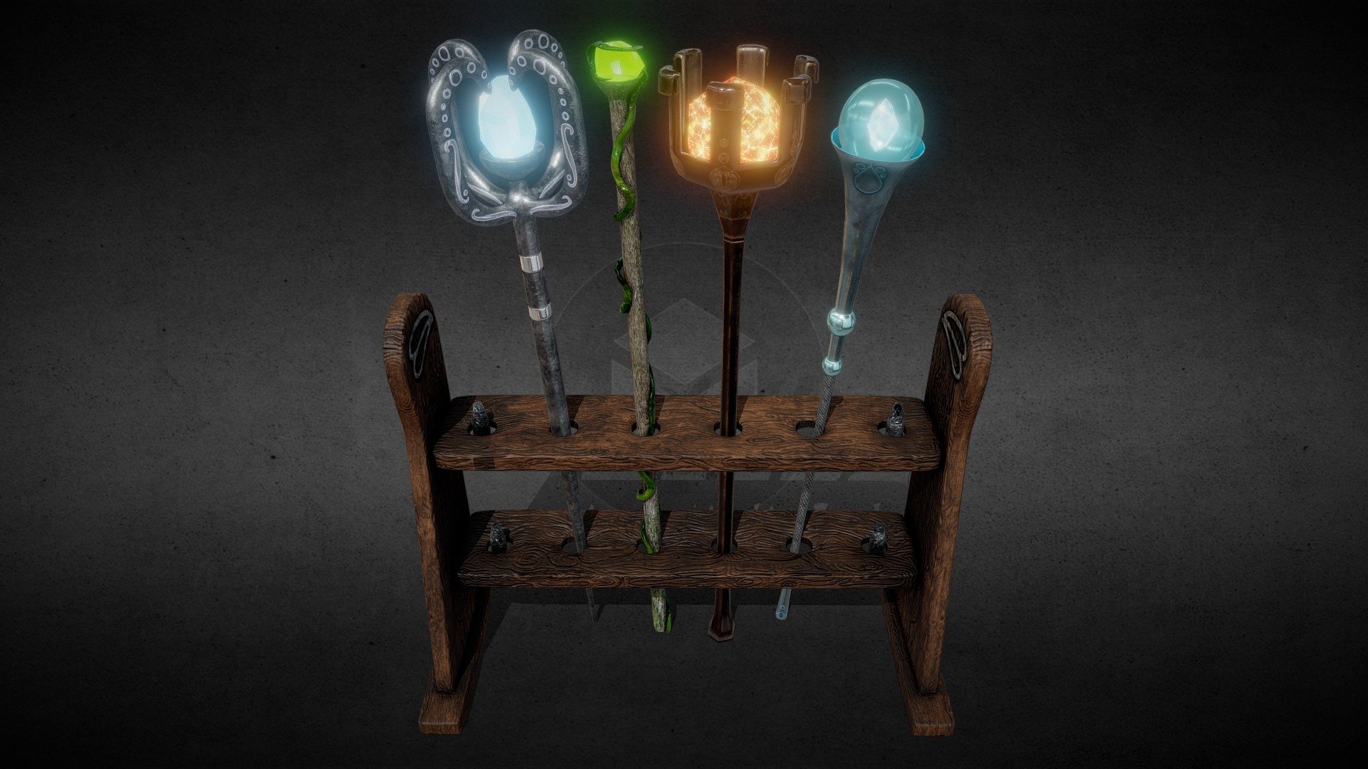 [Set] Magical Element Wands on a wooden Stand 3d model