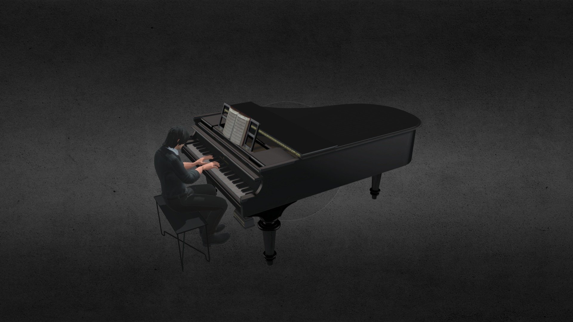 Pianist with 3D model Grand Piano and Chair 3d model