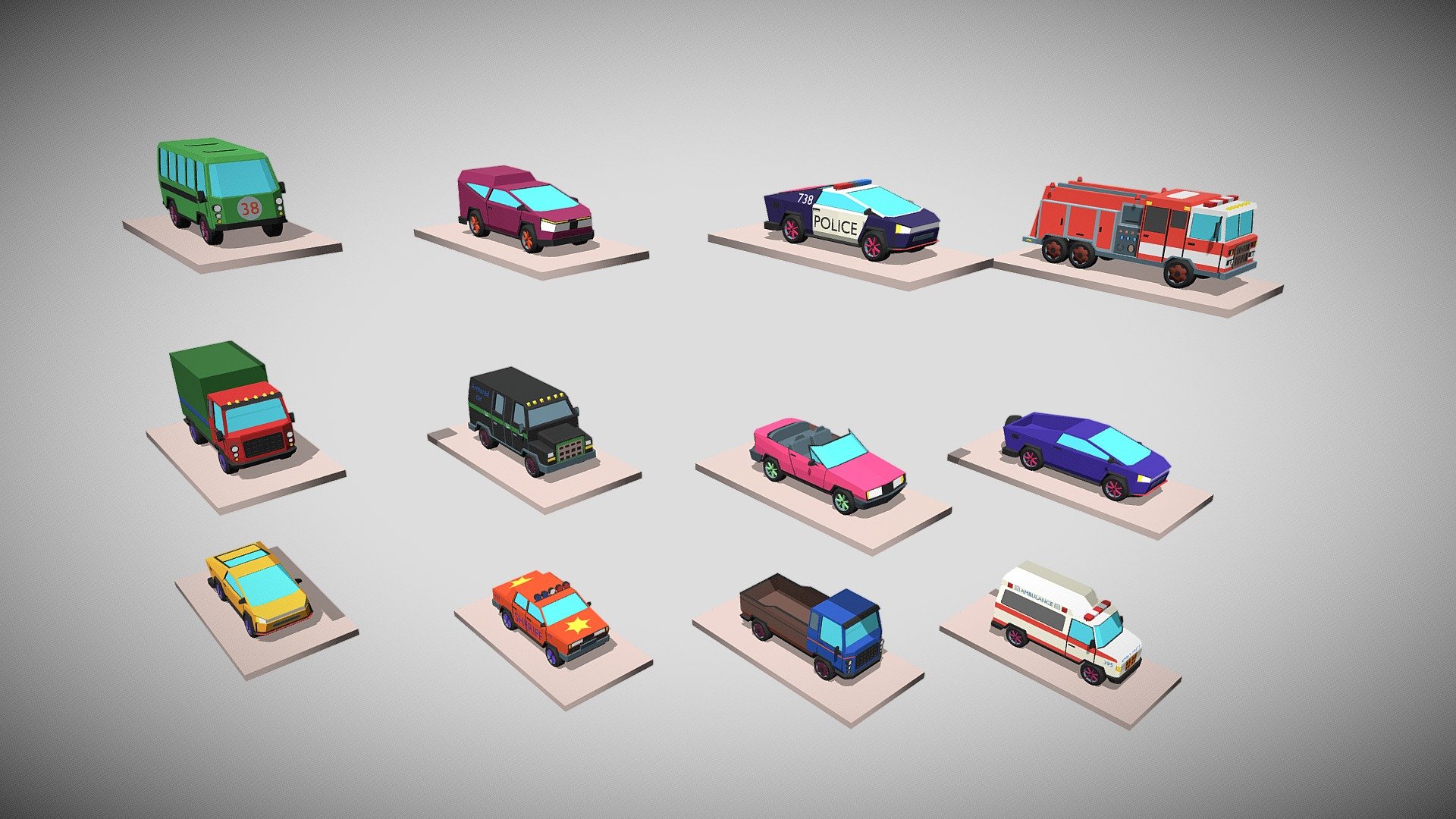 12 unique low_poly_cars 3d model