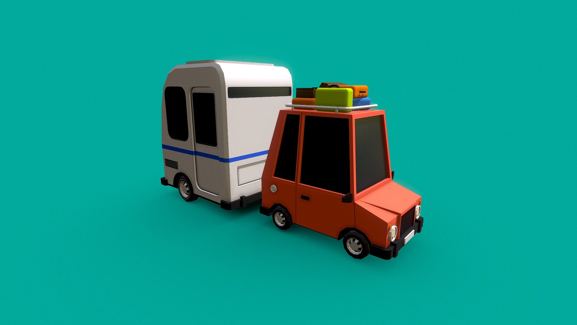 Low Poly Cartoon Car and Caravan 3d model