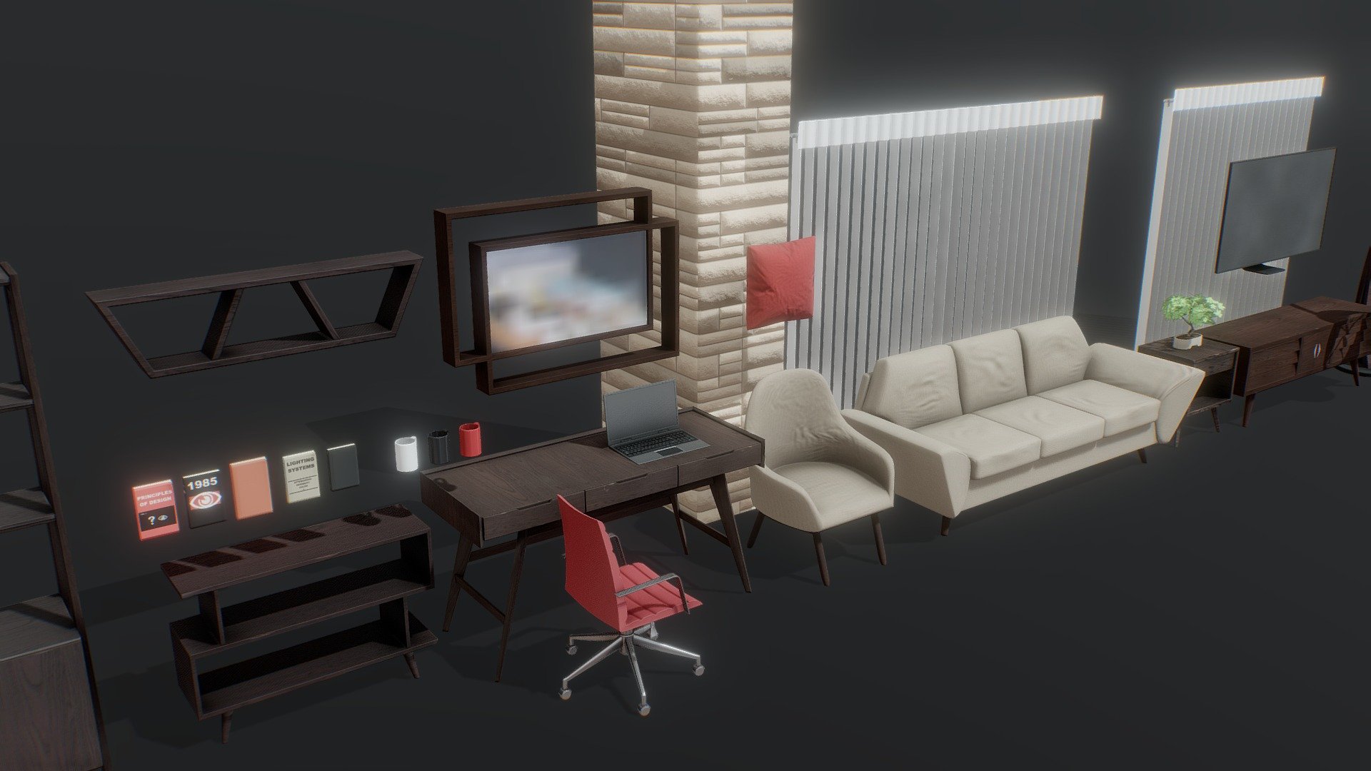 PBR Mid Century Modern Furniture Asset Pack 3d model