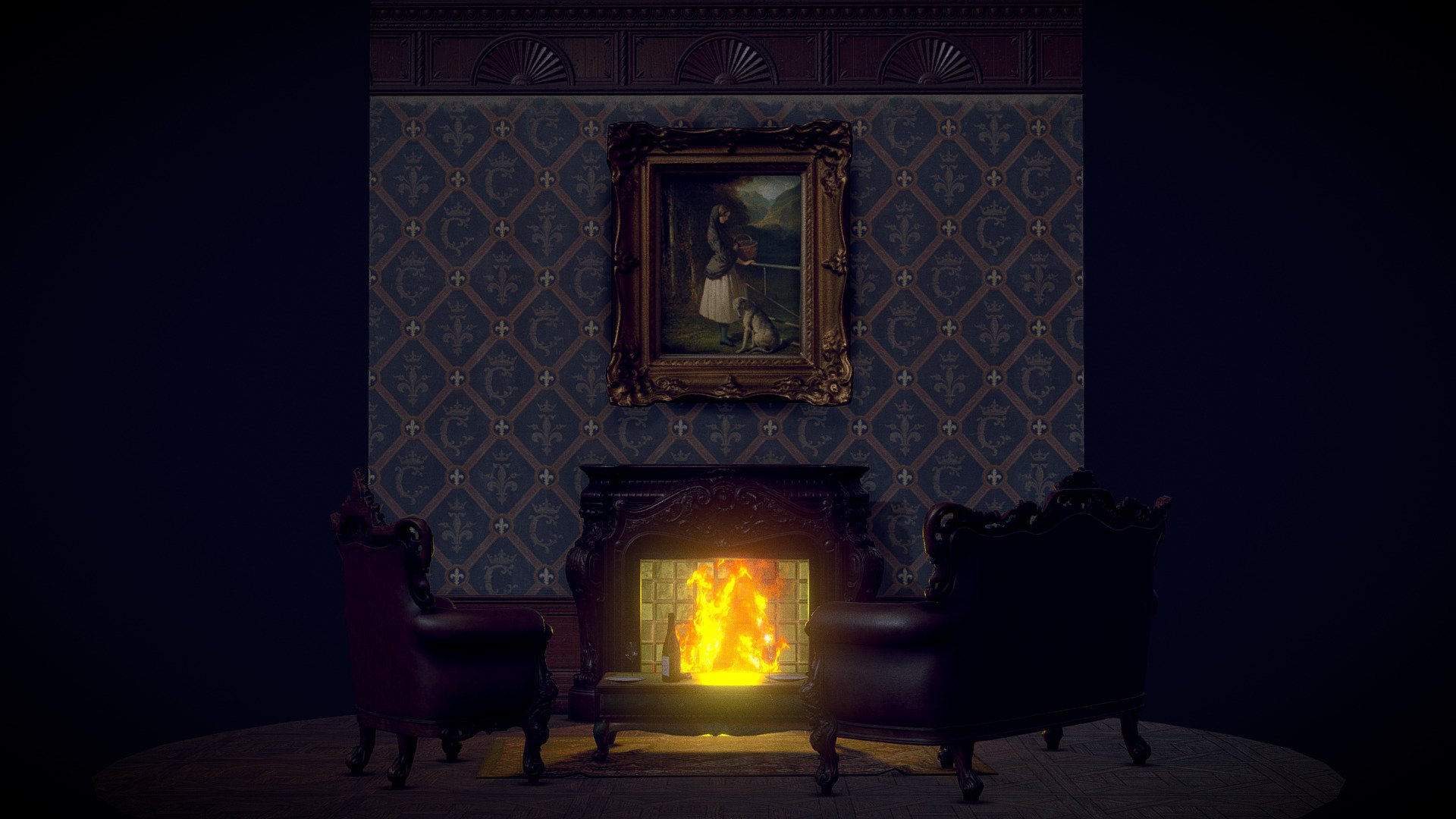 Baroque Interior with Fireplace 3d model