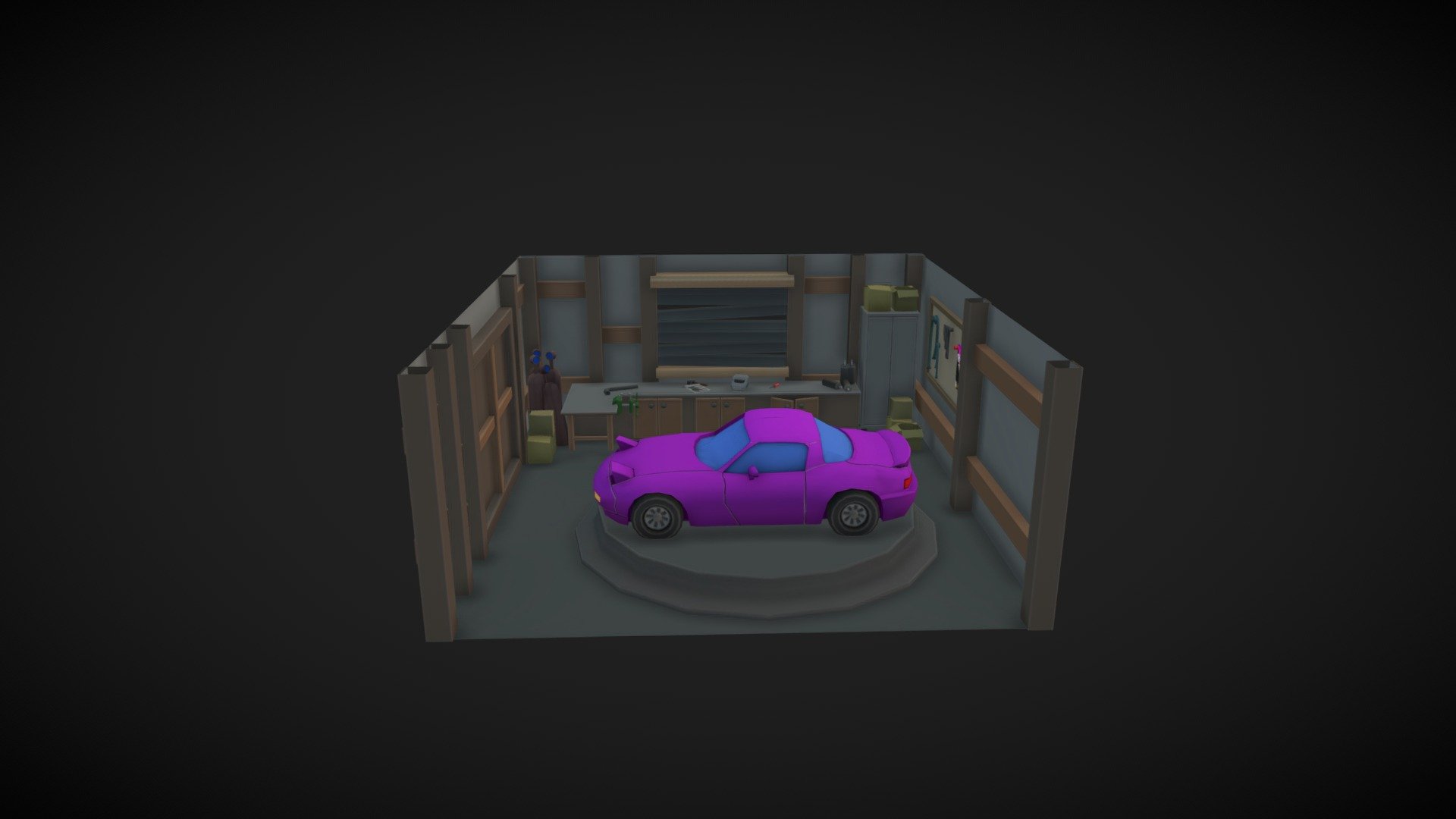 Low poly garage with miata inside 3d model