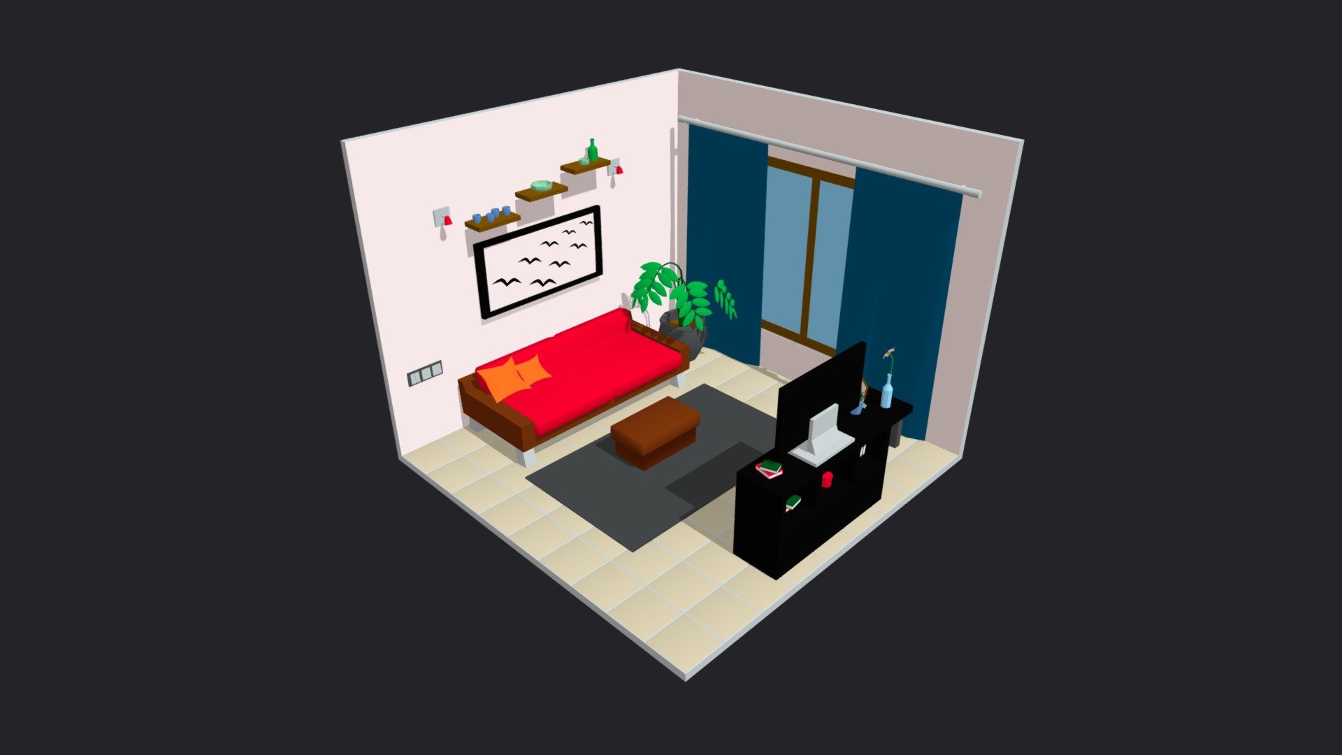 Guest Room 1 Low-poly 3D model 3d model