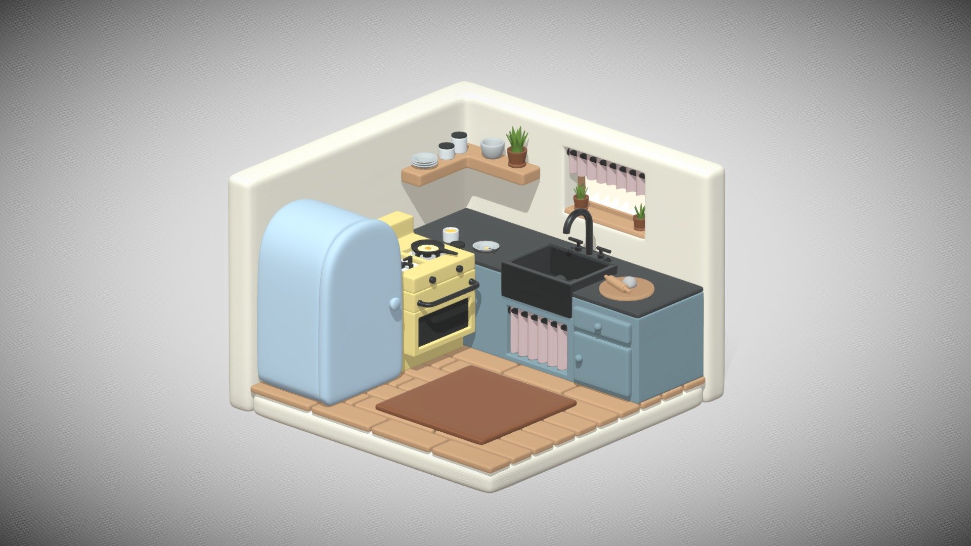 Isometric kitchen architecture with interior 3d model