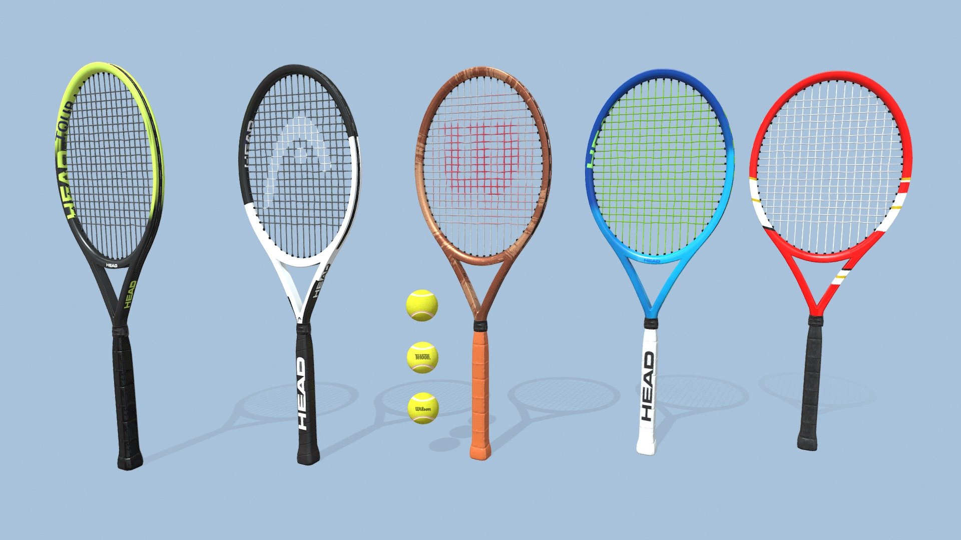 Collection of tennis rackets and balls 3d model