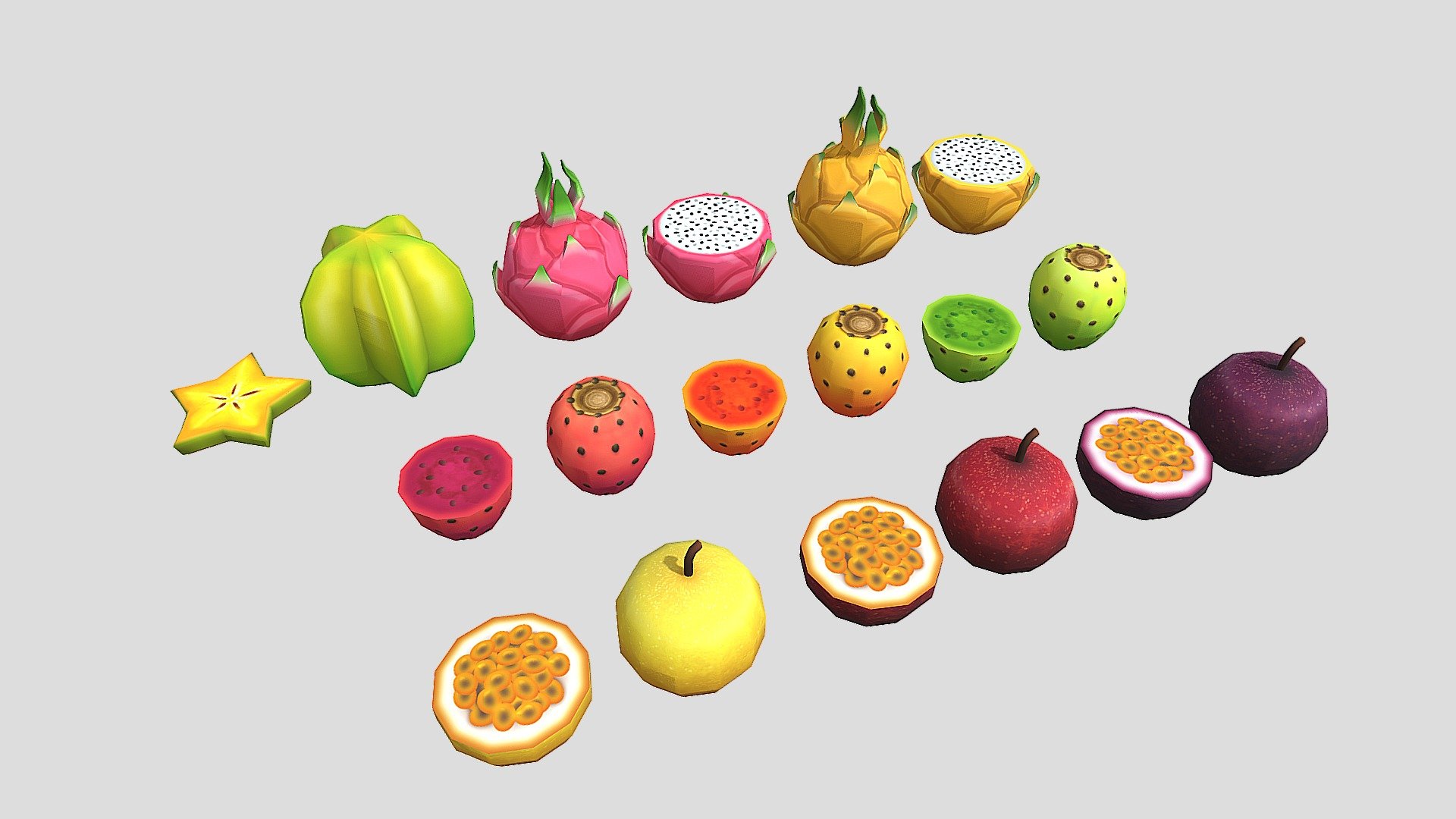 Cartoon Prickly Pear,Carambola and Dragon Fruit 3d model