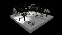 Low Poly Cartoon Winter Park at Night