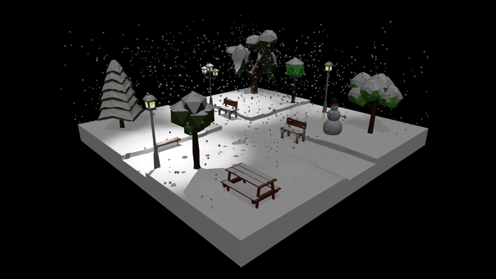 Low Poly Cartoon Winter Park at Night 3d model