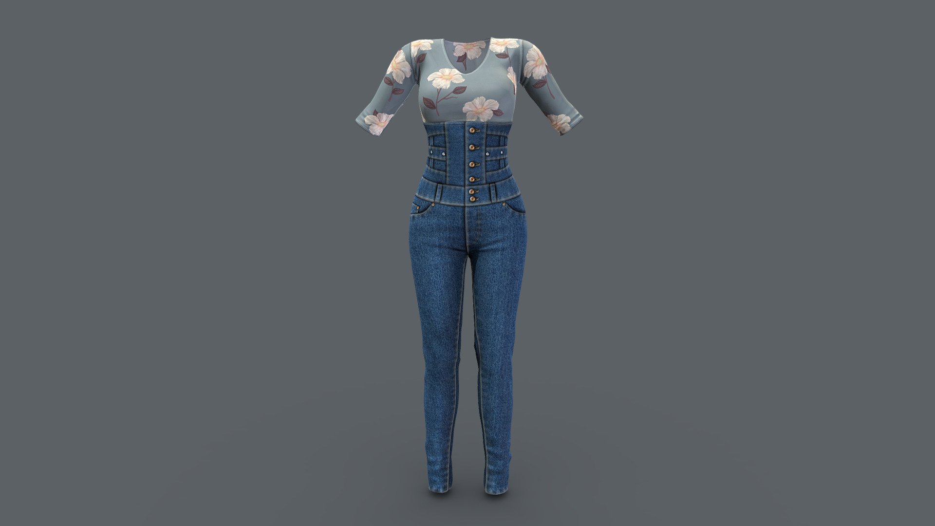 Female High Waist Jeans Floral Top Combo 3d model