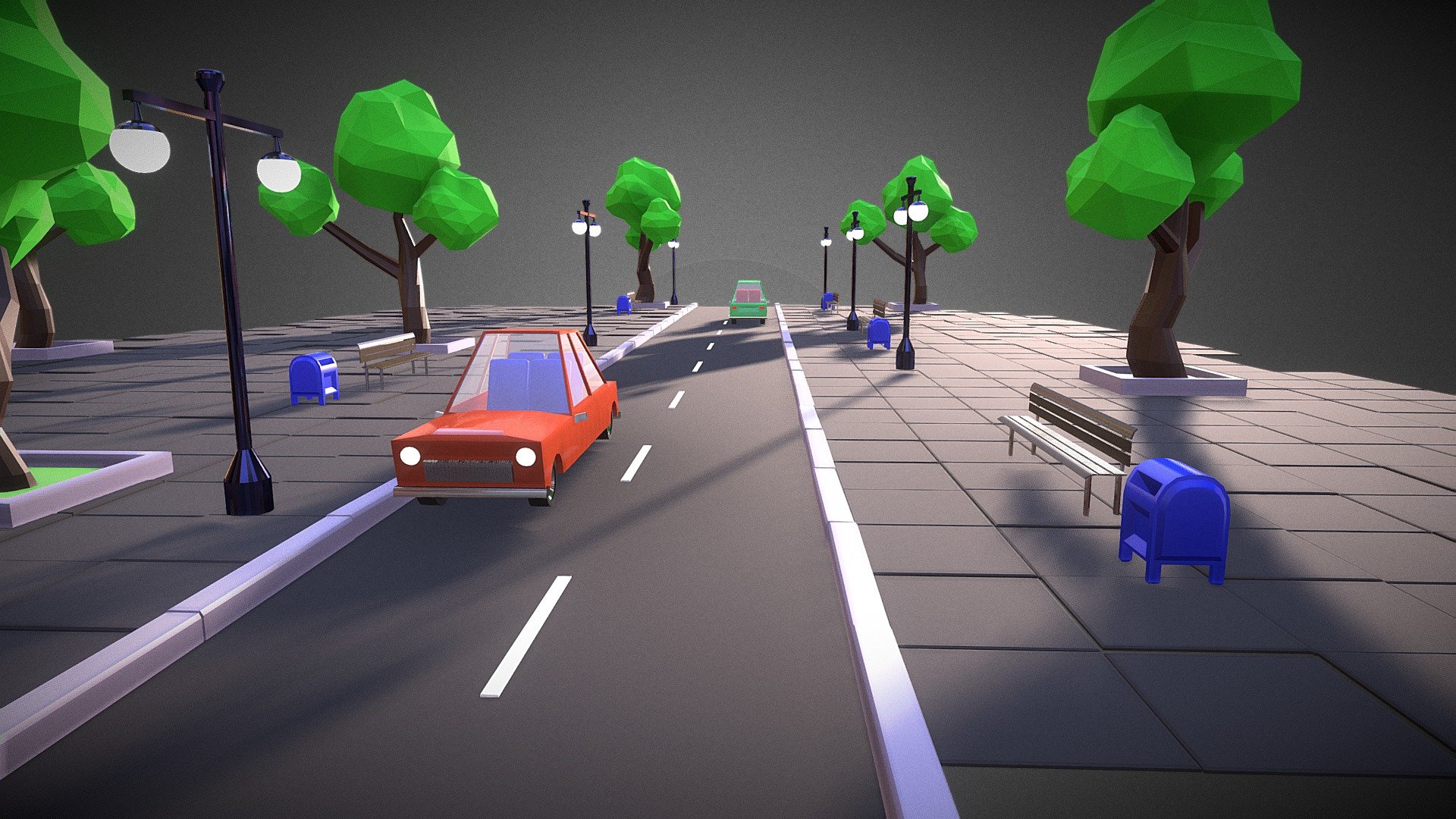 Road with cars cartoon style 3d model