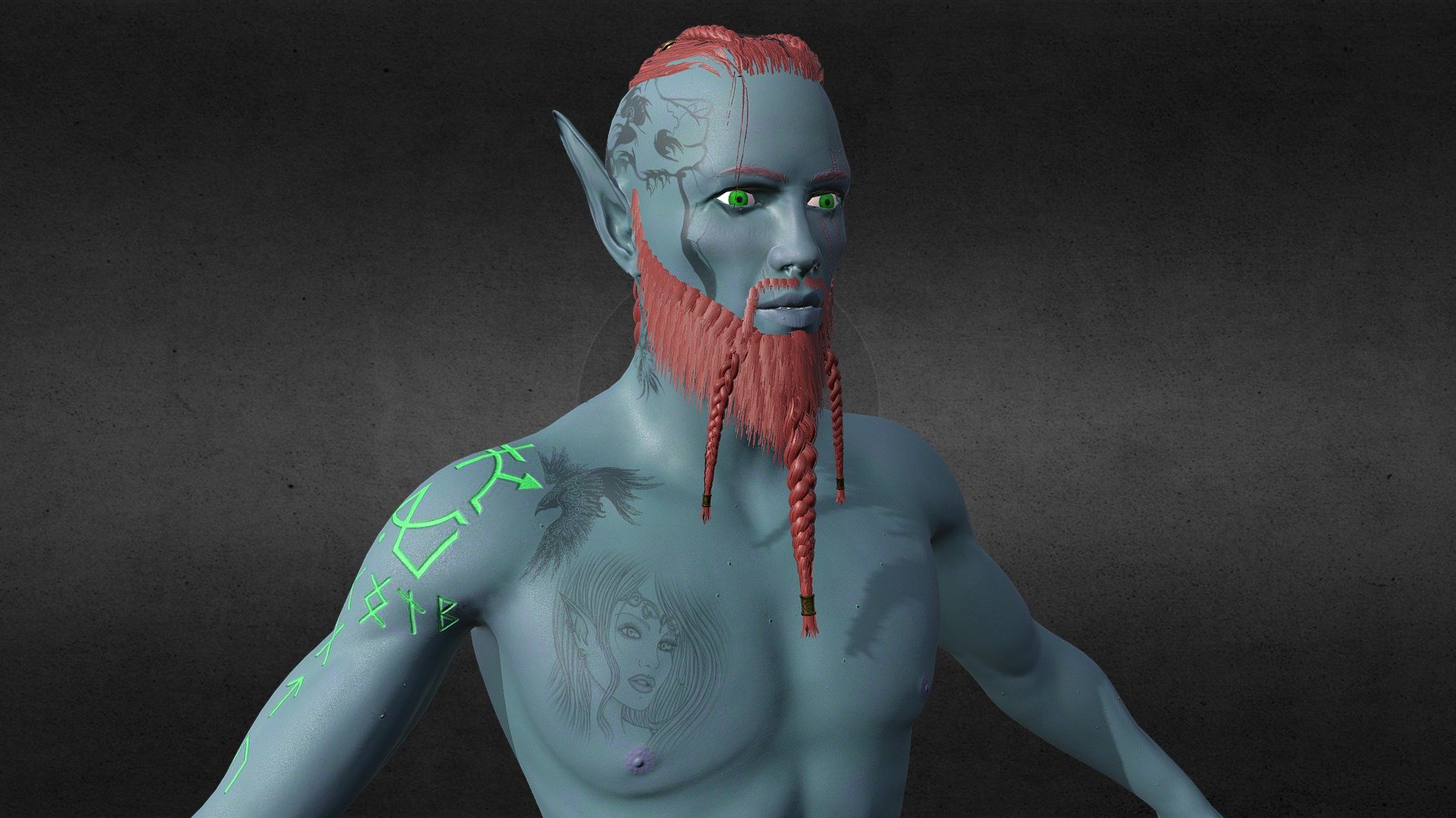 Kitzo character with braid and beard 3d model