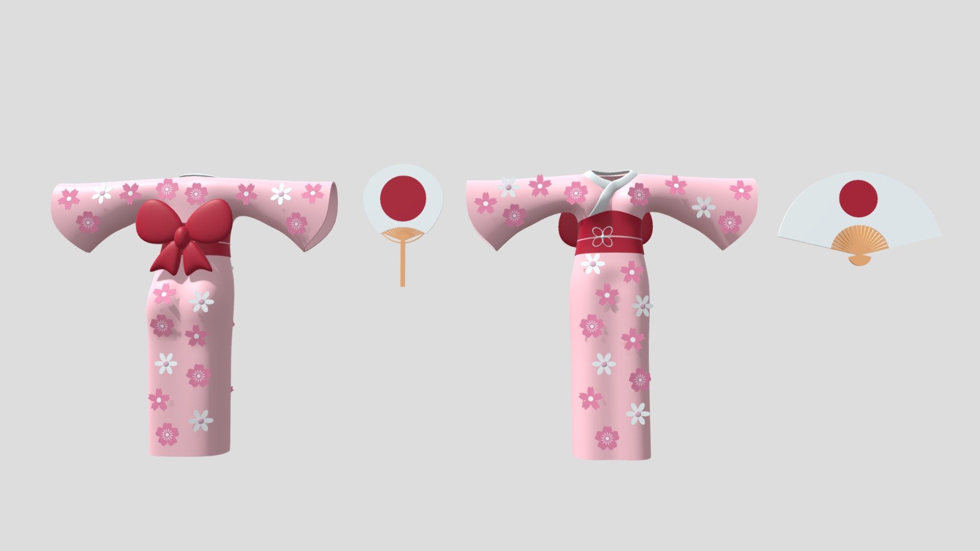 Cartoon Lovely Japanese Kimono With Hand Fan 3d model