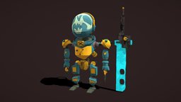 Cartoon stylized mini robo-warrior, concept, HP