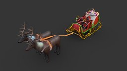 Character Santa sleigh reindeers Lowpoly rigged