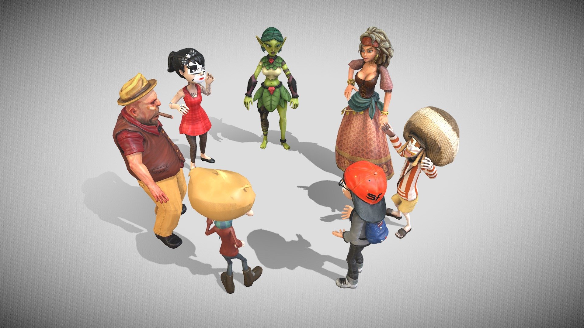 Group Seven Animated Cartoon Characters Talking 3d model