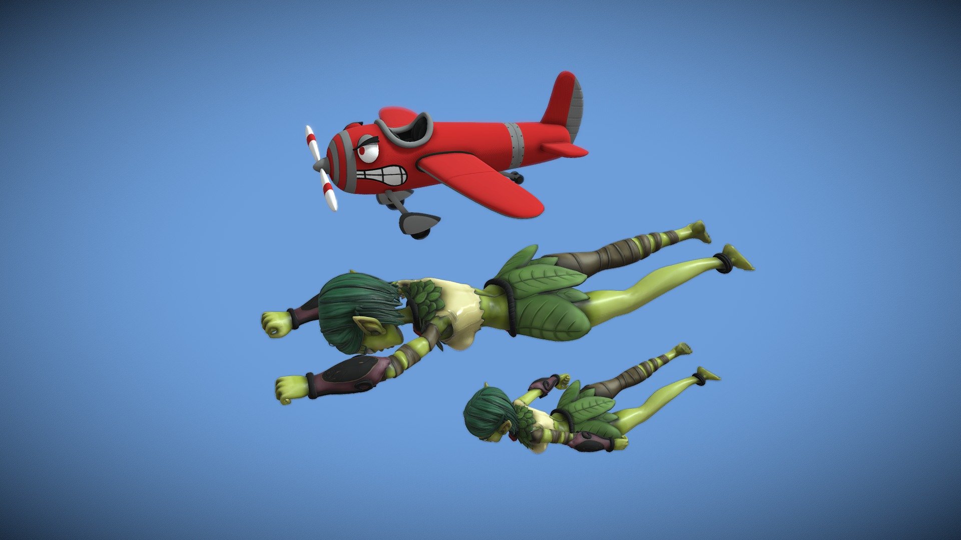 Animated Flying Elves with Cartoon Airplane Loop 3d model