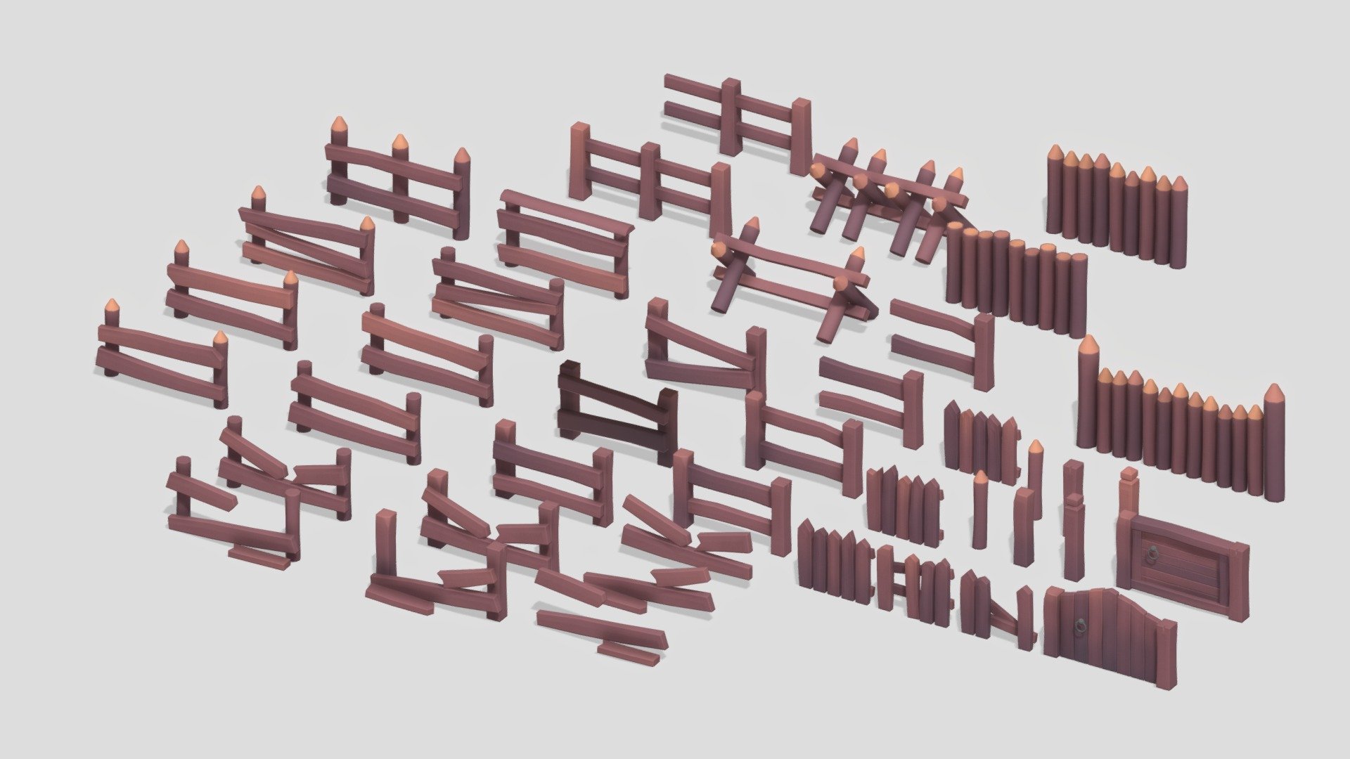 Stylized Low Poly Wooden Fences Pack 01 3d model