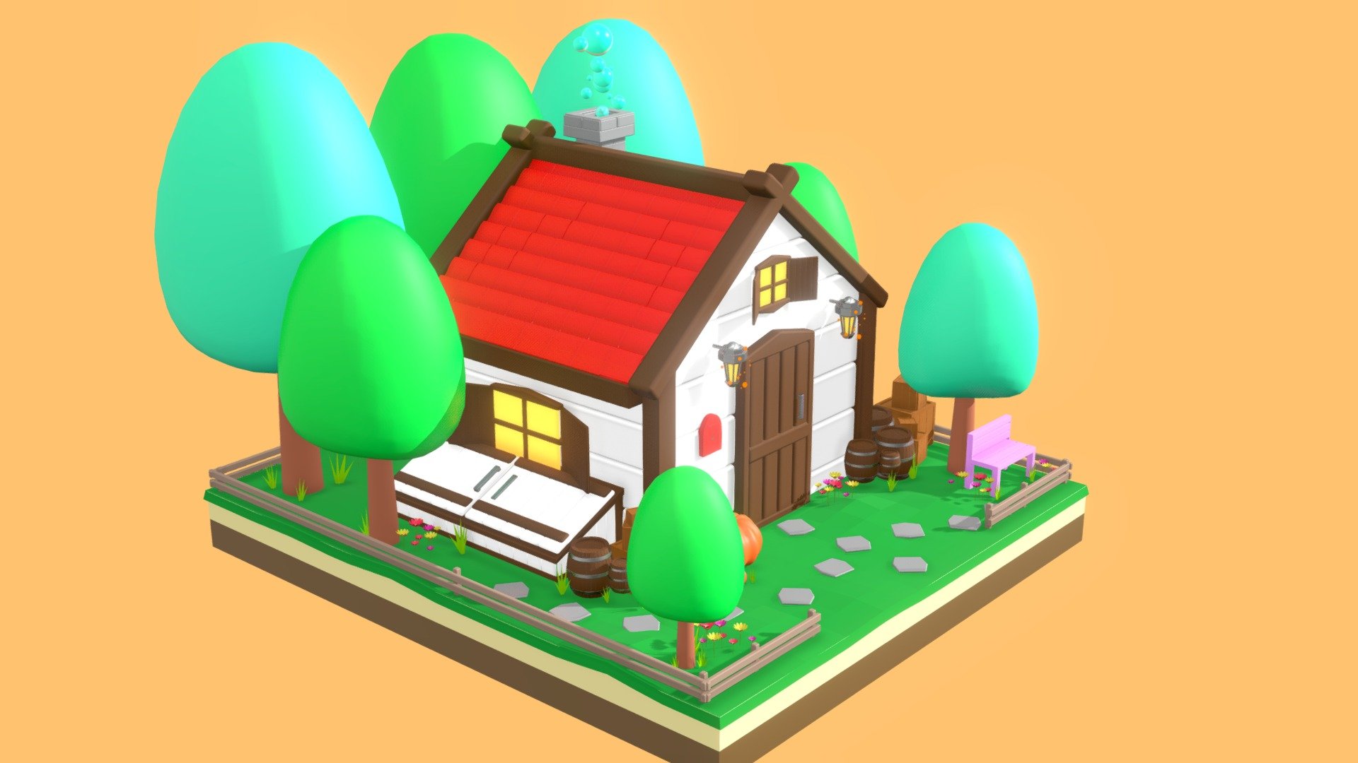 Cute cartoon style house in  forest 3d model