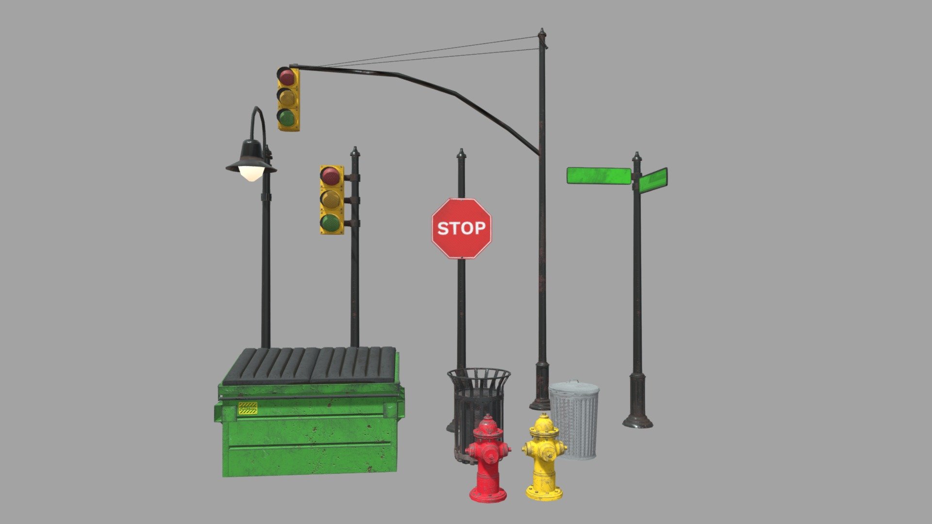 Street and City Props Dumpster Traffic Light 3d model