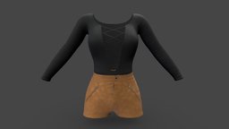 Suede Shorts Laced Chest Top Female Outfit