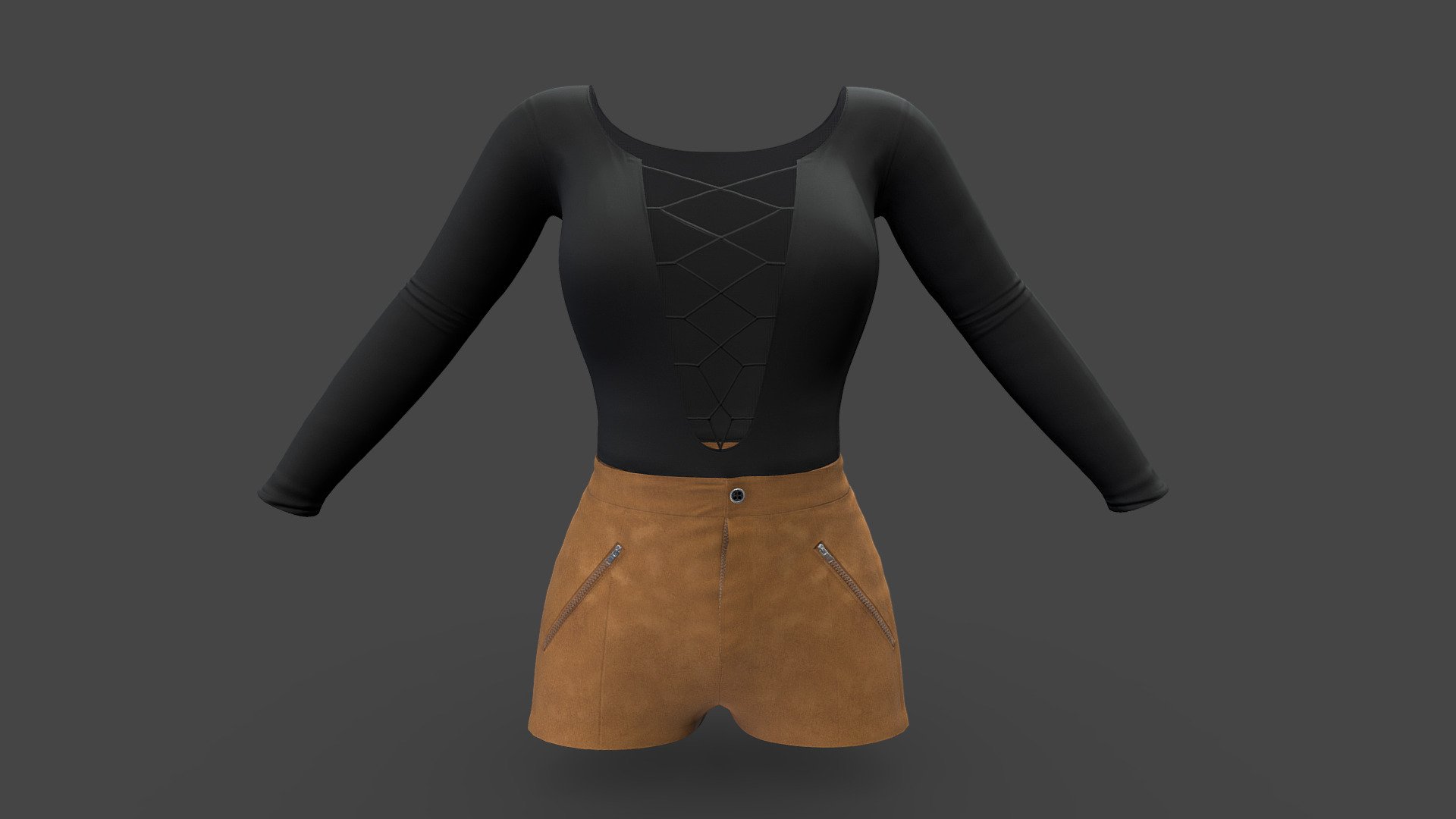 Suede Shorts Laced Chest Top Female Outfit 3d model